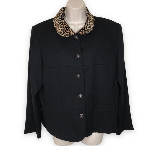 Sag Harbor Leopard Collar Black Button Up Unlined Jacket Long Sleeve Women 16 - Picture 1 of 12